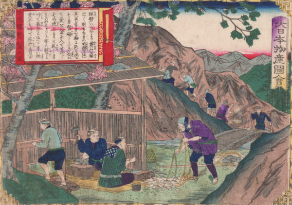 ローハ（緑礬）の製造（『大日本物産図会』）